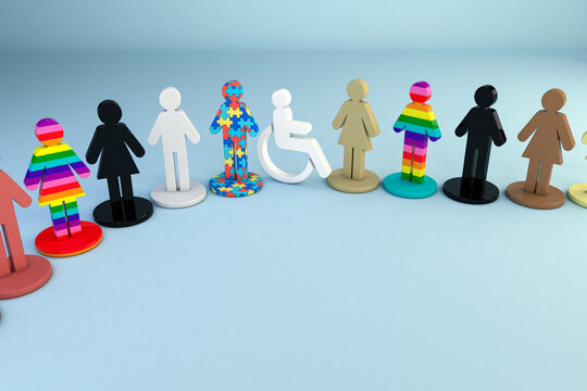 3D Illustration of diverse people icons with pride and disability symbols for inclusion