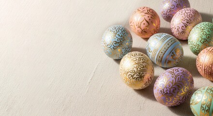 Colorful and Ornately Decorated Easter Eggs Background with Copy Space for Advertising