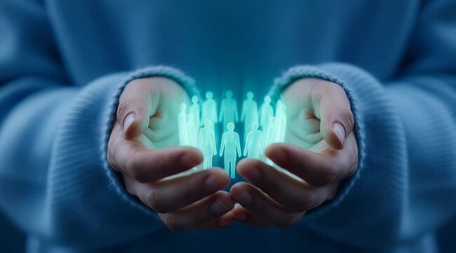 Close up of business executive hands cupping glowing digital human figures representing team building, concept for human resources management, talent acquisition and leadership development