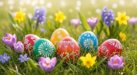 Colorful and Ornately Decorated Easter Eggs Background with Copy Space for Advertising