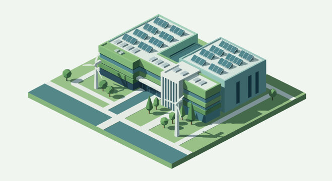 Isometric Green Building with Solar Panels and Green Roof.