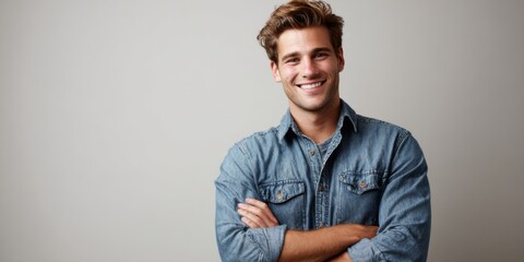 Obraz premium Confident young man smiling with arms crossed, standing against a neutral background, showcasing positivity, approachability, and casual attire in lifestyle setting
