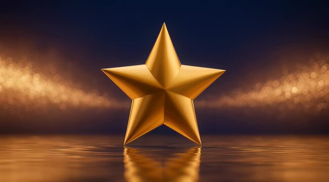 Shiny golden 3D star award standing on reflective water surface with bokeh light beams, concept for success achievement, excellence recognition and premium quality marketing