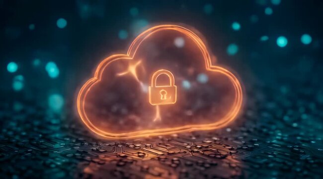 Glowing orange cloud icon with padlock resting on a dark circuit board, concept for data security software, cloud computing infrastructure and network protection services