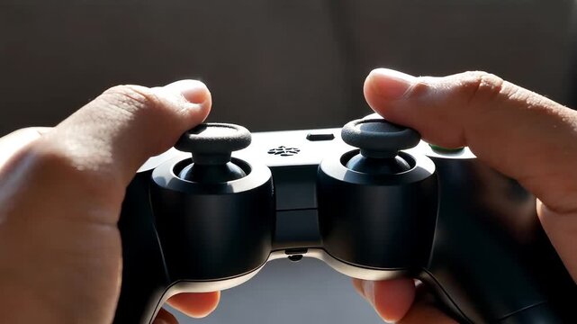 Close up of person hands holding and playing with black wireless game controller using thumbs on analog sticks for gaming entertainment