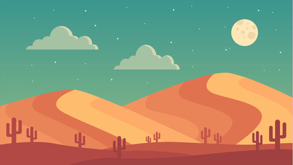 Naklejka premium A serene desert landscape at dusk with cacti under a starry sky and full moon.