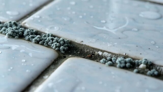Macro shot of green and gray mold fungus growing in damp tile grout lines with water droplets