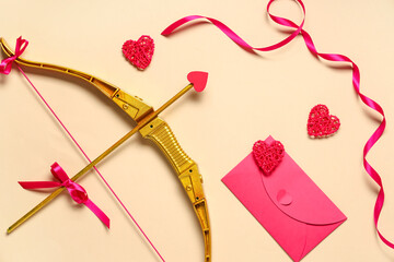 Naklejka premium Composition with cupid's bow, envelope and hearts on color background. Valentine's Day celebration