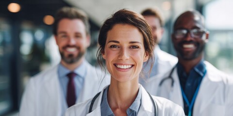 Diverse Group of Medical Professionals Smiling Together in Modern Healthcare Environment with Bright Natural Light and Positive Energy