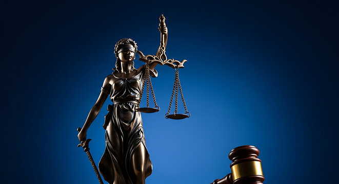 Lady justice statue blindfolded holding scales and sword symbolizing legal fairness on blue backdrop