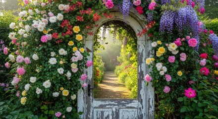 Fototapeta premium Enchanted Garden Archway with Blooming Roses and Wisteria, Pathway to Serenity