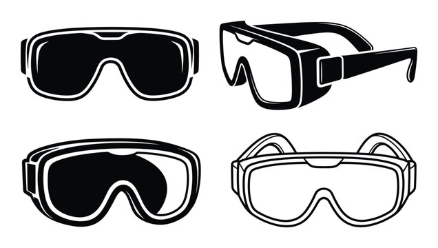Vector illustration of goggles in various perspectives. Black and white outline drawing of protective eyewear.