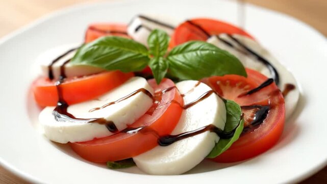 Delicious Caprese Salad with Fresh Tomatoes, Mozzarella, Basil, and Balsamic Glaze Drizzle.