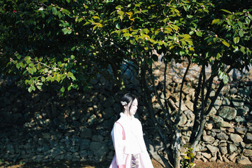돌담과 초록 나무 아래, 한복 여인의 고요한 순간