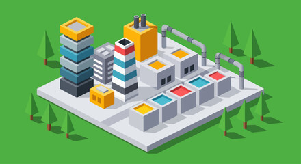 Isometric Industrial Factory with Colorful Tanks and Tall Buildings.