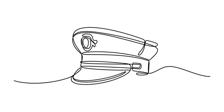 Continuous line drawing of a captain's peaked cap or pilot's hat on a white background. Vector, illustration