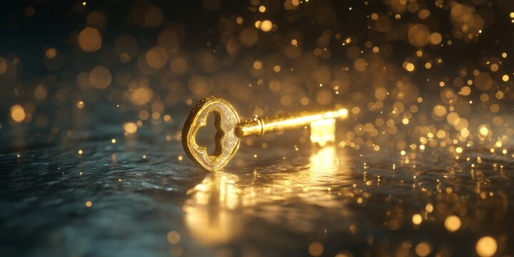 Golden Key Surrounded by Glowing Lights and Sparkles in an Abstract Environment