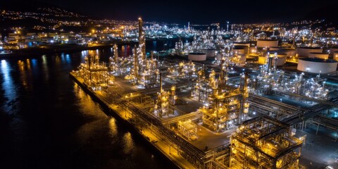 Naklejka premium Nighttime Aerial View of Industrial Oil Refinery with Bright Lights and Complex Pipelines