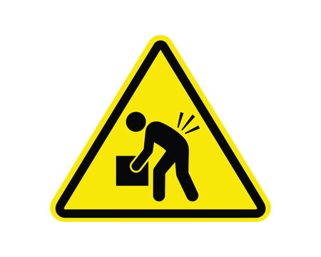 Warning sign of improper lifting causing back injury, yellow triangle with black pictogram, safety caution sign