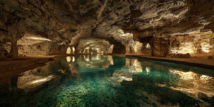Stunning underground cave with illuminated rock formations and reflective water surface creating a mesmerizing natural light display