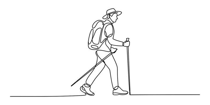 Continuous line drawing of a male hiker with backpack and walking sticks trekking on a path Vector, illustration