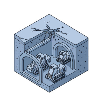 Underground Parking Garage with Vehicles and Tunnel.