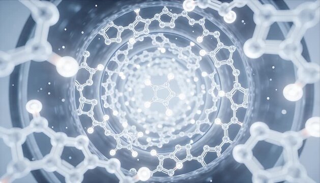 Futuristic molecule structure network spiral tunnel abstract science background, glowing connection pattern for medical research, nano tech concept art, 3d render depth motion, white blue blur