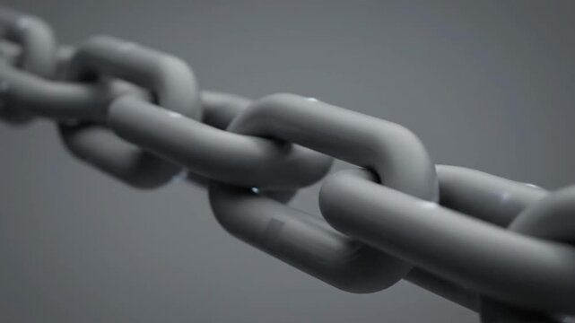 Close-up of a gray chain links, rendered with shallow depth of field, on a gray background