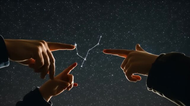 Hands point at a constellation drawn in the dark night sky filled with shining stars