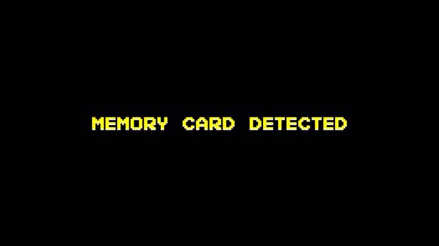 Memory Card Detected Text Pixel Art 8-bit Retro Game Animation, Vintage Arcade Computer Glitch on Black Background 4k video animation seamless loop