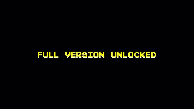 "Full Version Unlocked" 8-Bit Pixel Art Text Animation, Vintage Arcade Game Retro Black Background, Computer Content 4k video animation seamless loop