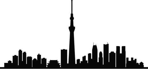 Tokyo skyline silhouette featuring Skytree tower and urban skyscrapers isolated on white background, modern cityscape illustration for travel, architecture, and Japan concepts