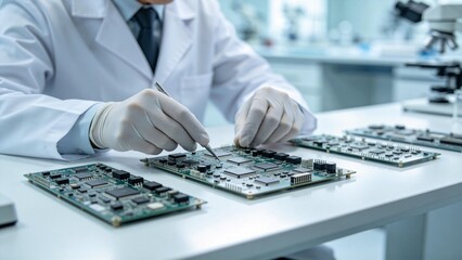 Fototapeta premium Person working on circuit boards in lab