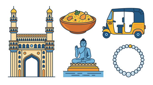 Colorful Hyderabad city travel elements vector set. Flat illustrations of historic Charminar, famous biryani, auto rickshaw, pearl necklace, and Buddha statue isolated on white.