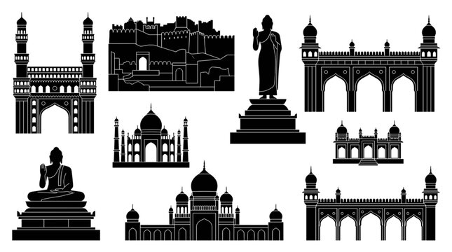 Collection of Hyderabad and India famous historical landmark silhouettes vector set including Charminar, Golconda fort, Buddha statues, and Taj Mahal isolated on white background.