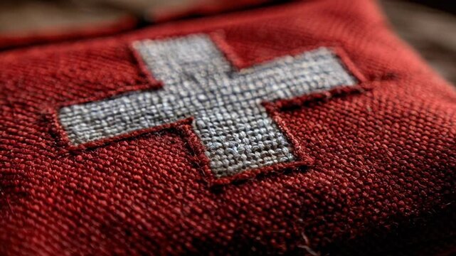 Macro close up of a white stitched cross on coarse red fabric, symbolizing first aid and medical assistance