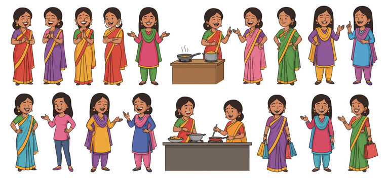 Indian aunties vector illustration set featuring women in traditional sari and salwar kameez cooking talking shopping and standing in various poses for diverse cultural designs.