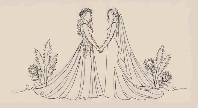 Continuous line art of two brides holding hands for same sex LGBTQ wedding vector illustration.