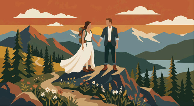 Faceless bride and groom on mountain peak for adventure elopement wedding vector illustration.