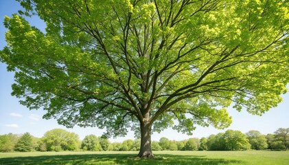 Obraz premium Majestic Oak in Spring: An expansive oak tree stands tall, its lush, vibrant green canopy reaching towards a bright blue sky, embodying nature's renewal and serenity.