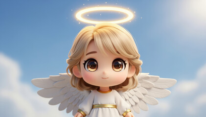 Naklejka premium Guardian Angel: A serene angel with a glowing halo and feathered wings gazes gently, exuding peace and protection against a backdrop of a bright sky.