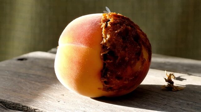Side view of decaying orange peach with dark rotten side and white mold on wooden table background representing food waste organic decomposition