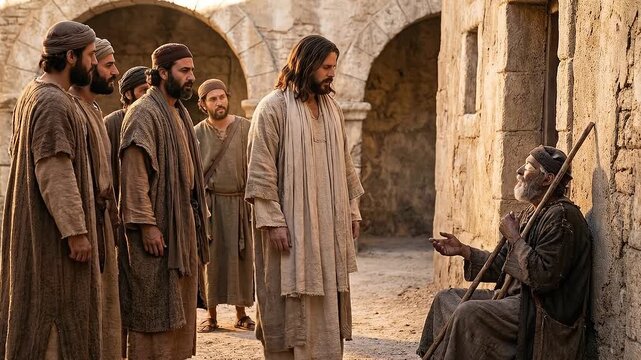 Disciples pointing at blind beggar and questioning Jesus