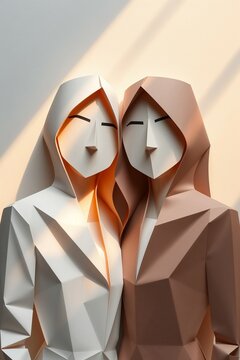 Abstrakte Origami Figuren als Paar aus Papier f&uuml;r Konzepte zu Partnerschaft Harmonie und moderner Verbundenheit
