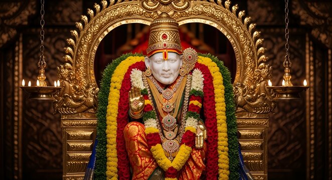 Ornate Interior Sai Baba Statue Surrounded by Garland with Gold Accents