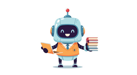 Fototapeta premium Friendly robot holding laptop and stack of books, education and technology concept