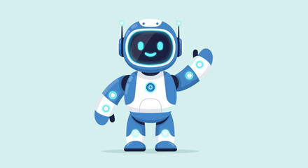 Friendly blue robot waving hello, futuristic technology, AI assistant, cartoon style