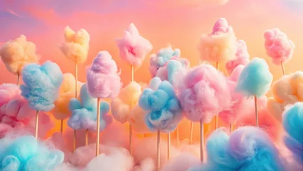 Wandcirkels Koraal A whimsical landscape of pastel-colored cotton candy clouds on wooden sticks, arranged in a dense forest-like setting against a soft sunset backdrop.  © Urenus Photos