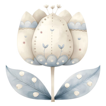 Beautifully crafted watercolor simple illustration charming cheerful Easter tulip for a childrens room on an isolated white background in blue and beige and beig