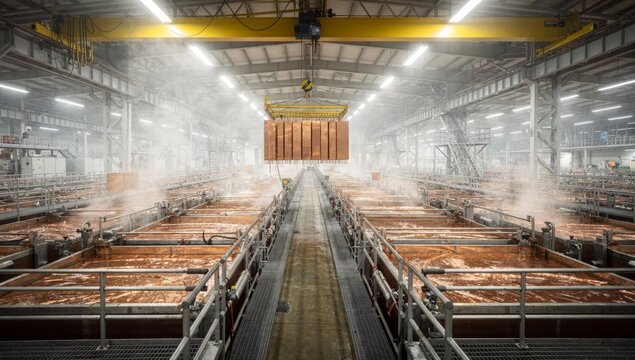 Industrial Factory Interior With Steaming Vats, Overhead Crane Transporting Large Container Above Rows
